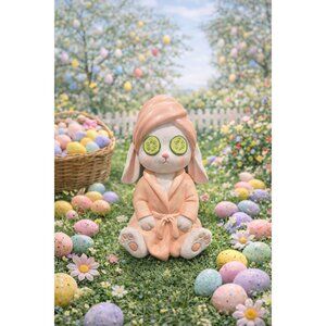 New Pink Easter Bunny W/ Cucumbers On Eyes Spa Day Funny Figurine Room Decor